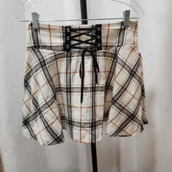 Cream plaid flannel faux Corset lace up skirt - Picture 1 of 2